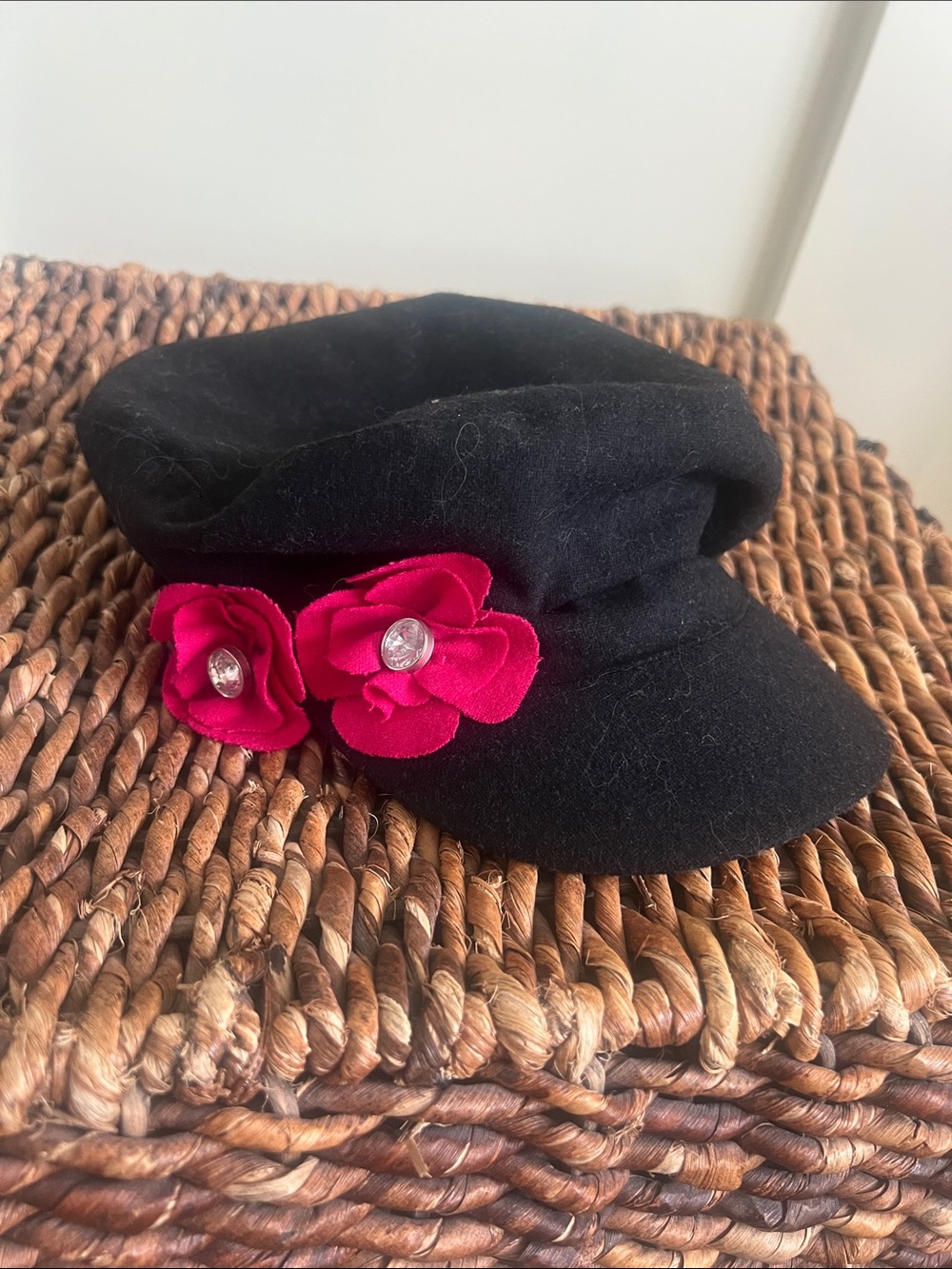 Black Wool Cap with Pink Flower Accents
